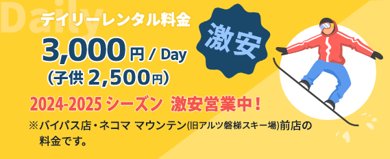 1日3,000円の激安料金でスキー・スノボレンタル